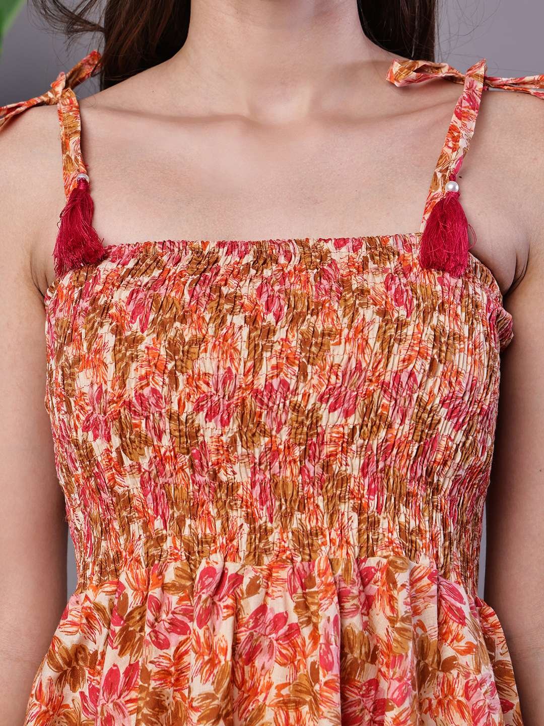 Women's MultiColor Floral Printed Cotton Handkerchief Hem Dress Midi Dresses - Image 5
